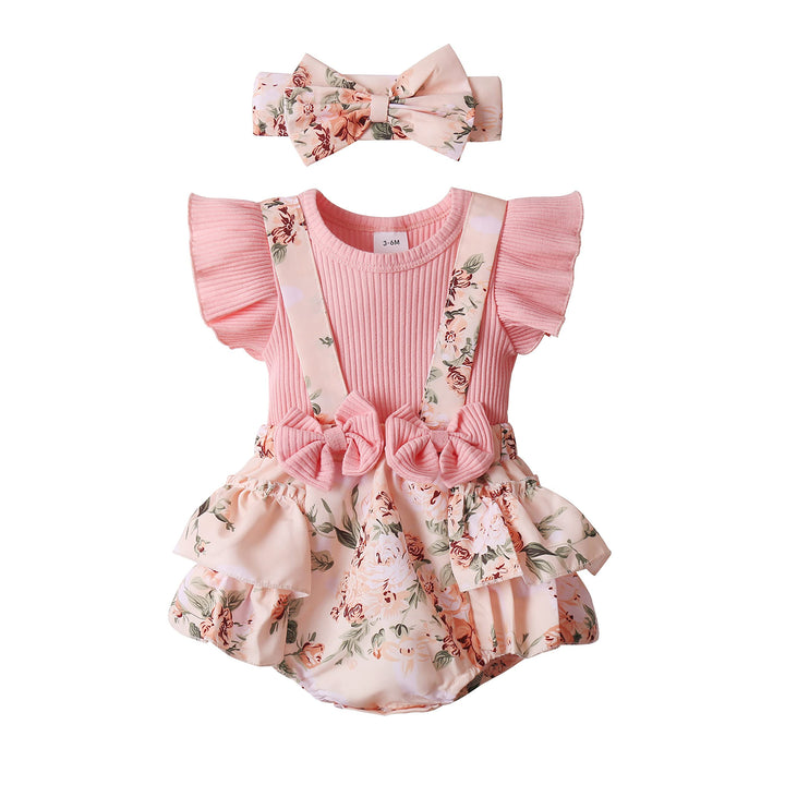 Newborn Baby Girl Clothes Summer Infant Romper Outfit Short Sleeve Suspender Ribbed Shorts Clothing with Headband 0-3 Months