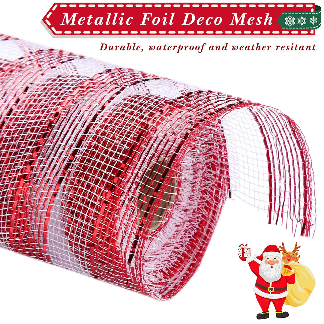 4 Rolls Mesh Ribbon, Metallic Foil Mesh Ribbon Metallic Mesh Ribbon for Door Wreath DIY Crafts Making Supplies (Red White,10 Inch)