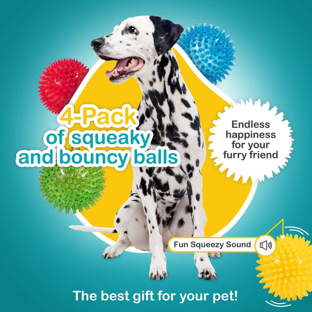 3.5” Spikey Dog Balls (4 Pack) Squeaky Dog Toys | Cleans Teeth for Healthier Gums | Non-Toxic BPA-Free for Aggressive Chewers | Spikey Balls in Red, Blue, Yellow, and Green