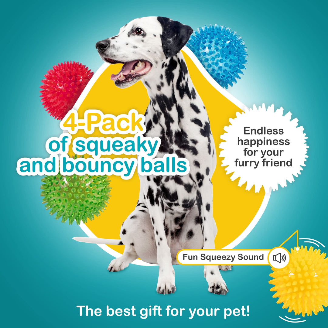3.5” Spikey Dog Balls (4 Pack) Squeaky Dog Toys | Cleans Teeth for Healthier Gums | Non-Toxic BPA-Free for Aggressive Chewers | Spikey Balls in Red, Blue, Yellow, and Green