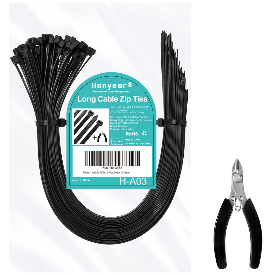 24 Inch Cable Zip Ties Heavy Duty (with Wire Cable Cutters), Strong Large Black Zip Ties with 175 Pounds Tensile Strength, 50 Pack, Long Durable Nylon Black tie Wraps, Outdoor UV Resistant