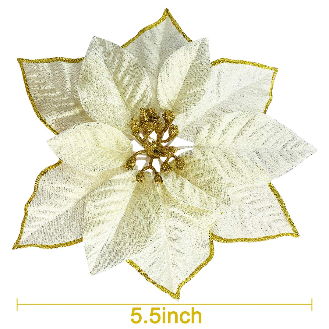 24 Pack 5.5 Inch Christmas Glitter Poinsettia Artificial Silk Flowers Picks Christmas Tree Ornaments for Gold Christmas Tree Wreaths Garland Holiday Decoration (Gold)