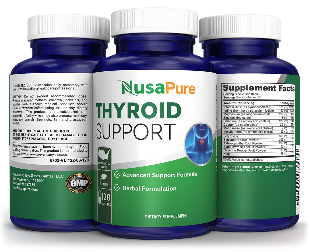 Thyroid Support Supplement (Non-GMO) 120 caps, Ashwaganda, Iodine, Zinc, kelp, Vitamin B12, L-Tyrosine, Selenium, Copper