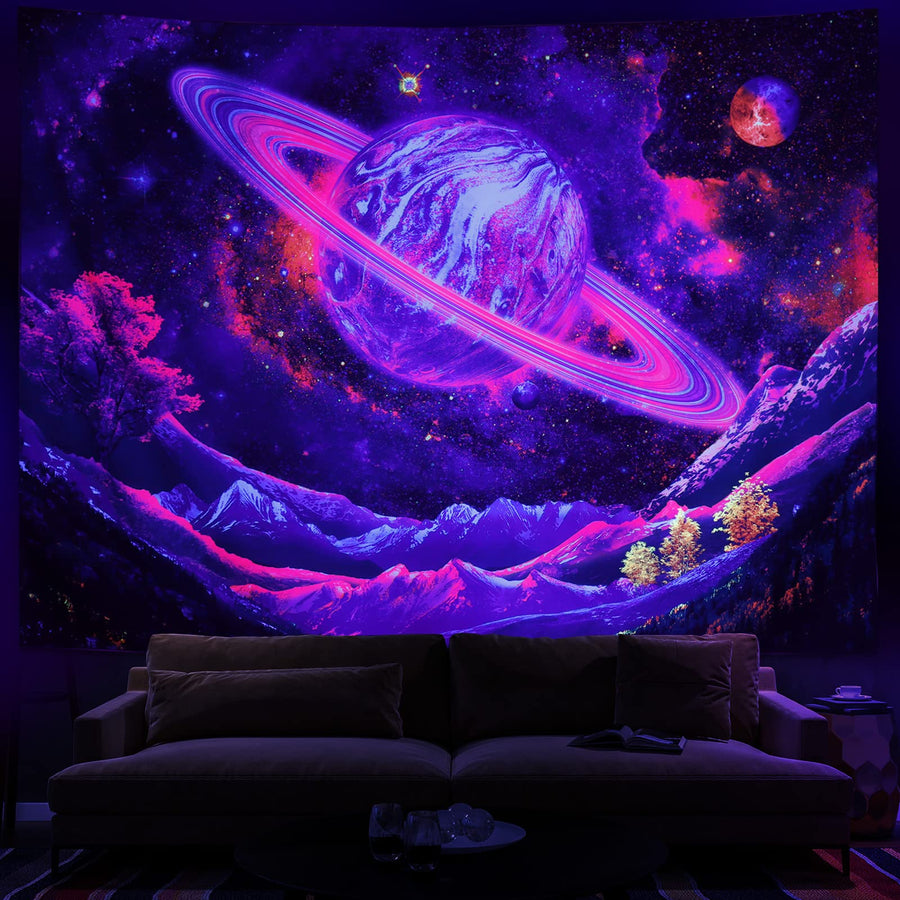 Blacklight Tapestry UV Reactive Planet Tapestry Galaxy Space Tapestry Trippy Mountain Tapestry Starry Sky Tapestry Wall Hanging for Home Decor(51.2x59.1)