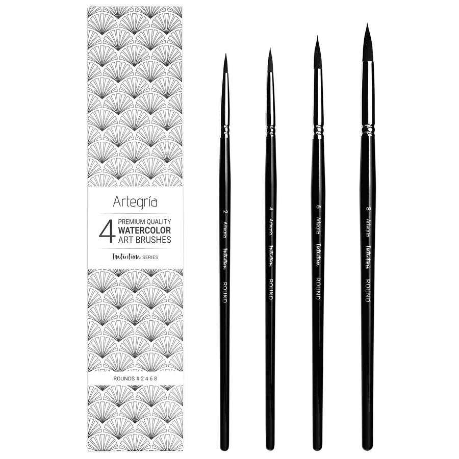 Watercolor Paint Brush Set - 4 Round Watercolor Brushes - Sizes # 2 4 6 8, Soft Synthetic Squirrel Hair, Pointed Round Tips for Professional Artists - Water Color, Gouache, Ink