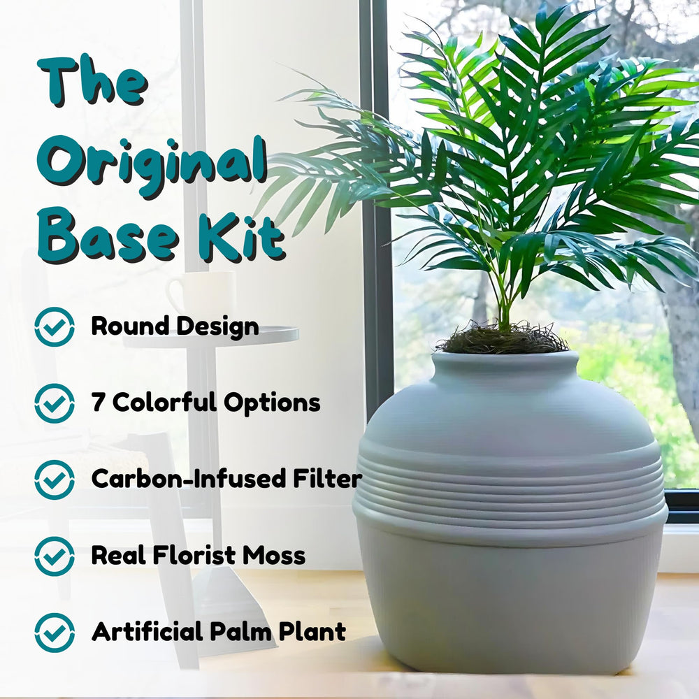 Hidden Cat Litter Box Enclosure with Artificial Plant, Decorative Round Planter, Vented Carbon Charcoal Filter for Odor Control, Easy-to-Clean, Made in USA, Base Kit, Gray