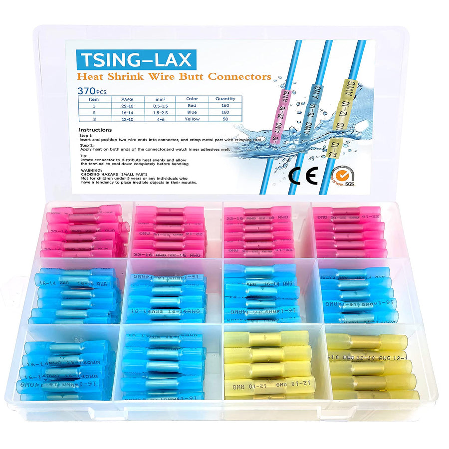 Tsinglax 370pcs Heat Shrink Butt Connectors Kit,Insulated Waterproof Electrical Marine Automotive Wire Crimp Terminals, Butt Splice (3 Colors / 3 Sizes)