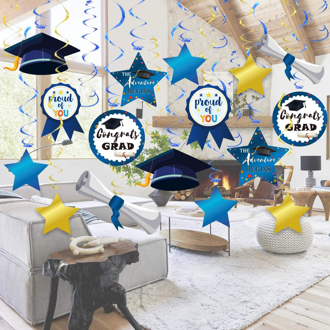 2021 Graduation Hanging Navy Blue and Gold Decorations Foil Swirls Kit,College High School Graduation Decoration Party Supplies,Congrats Grad,Proud of You by Forcemaxe