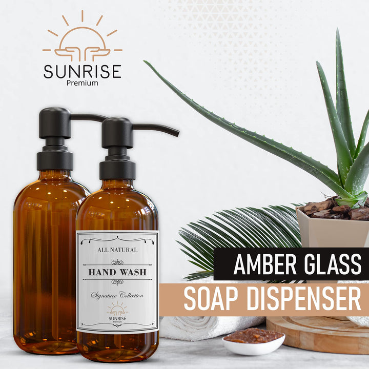 2 Pack Amber Glass Soap Dispenser 16 OZ with Matte Black Stainless Steel Pump, Hand and Dish Soap Dispenser Set for Bathroom and Kitchen Sink with 6 Waterproof Labels
