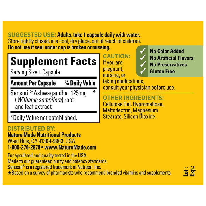 Nature Made Ashwagandha Capsules 125mg for Stress Suppo