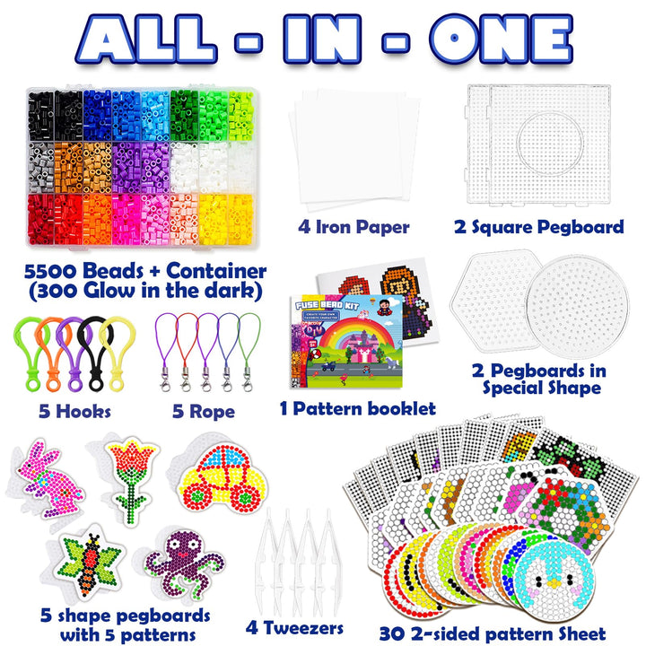 5500 5mm Fuse Beads Kit - 24 Colors | 111 Patterns, Arts and Crafts for Girls and Boys, Kids Toys Set, Gifts for Kids, Teens and Adults Age 5+ Years Old