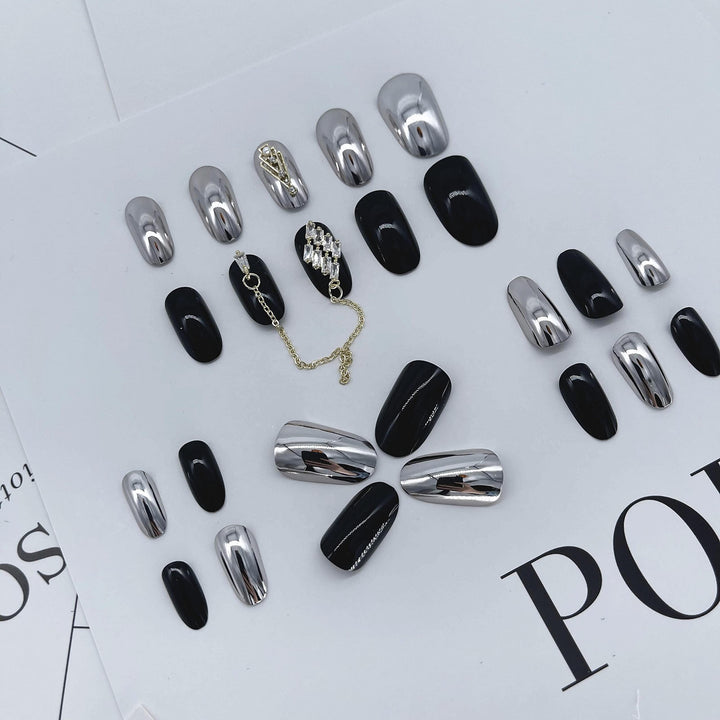24 Pcs Press on Nails Medium Length,Mirror Fake Nails,Black Gold False Nails with Chain for Women and Girls