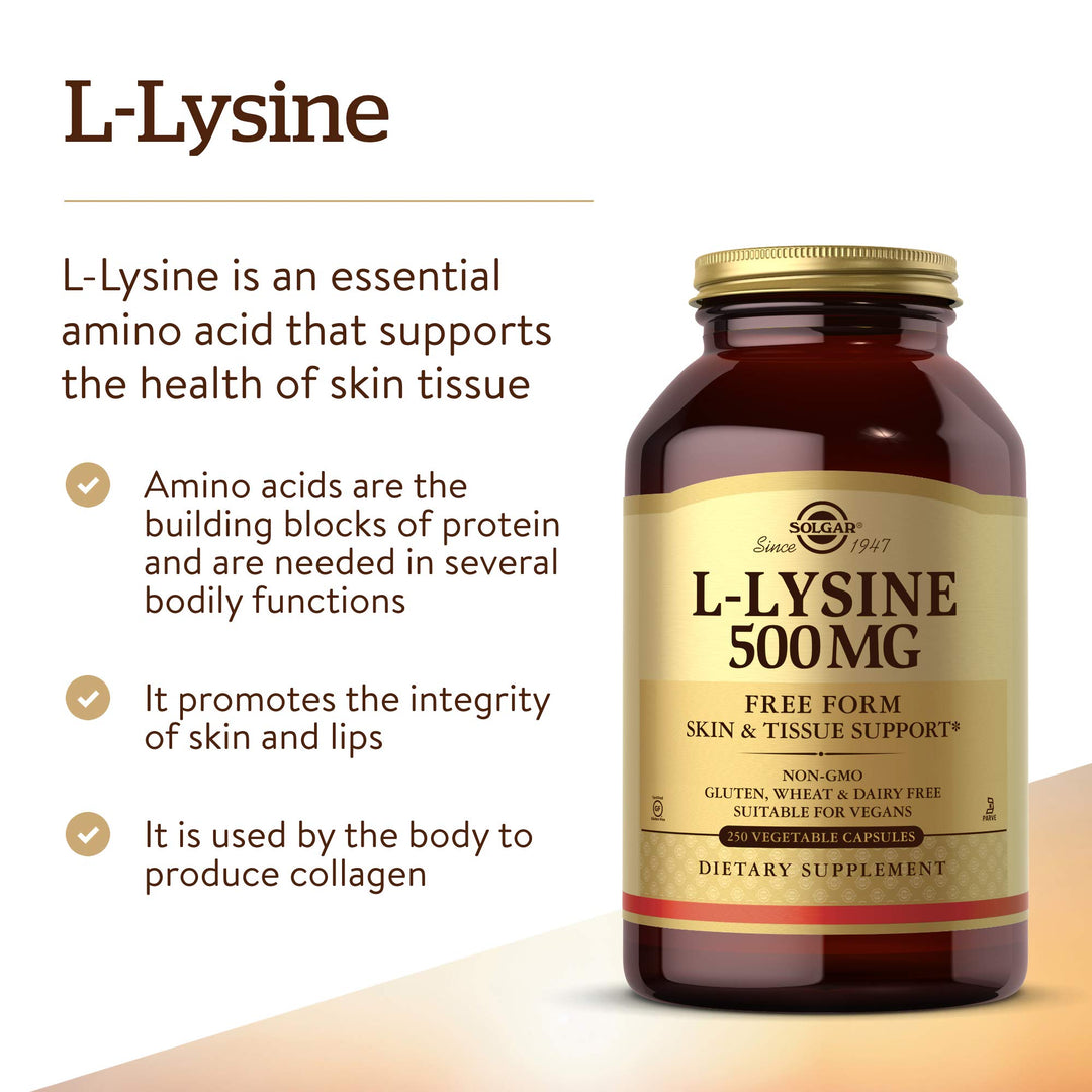 Solgar L-Lysine 500 mg, 250 Vegetable Capsules - Enhanced Absorption &amp; Assimilation - Promotes Integrity of Skin &amp; Lips - Collagen Support - Amino Acids - Non-GMO, Vegan, Gluten Free
