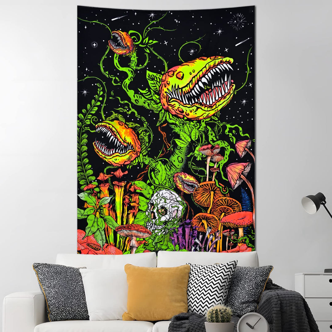 Blacklight Skull Tapestry Flowers and Vines Tapestries UV Reactive Mushroom Tapestry Black Light Posters for Living Room, Bedroom, Aesthetic Glow in The Dark(59.1 x 82.7 inches)