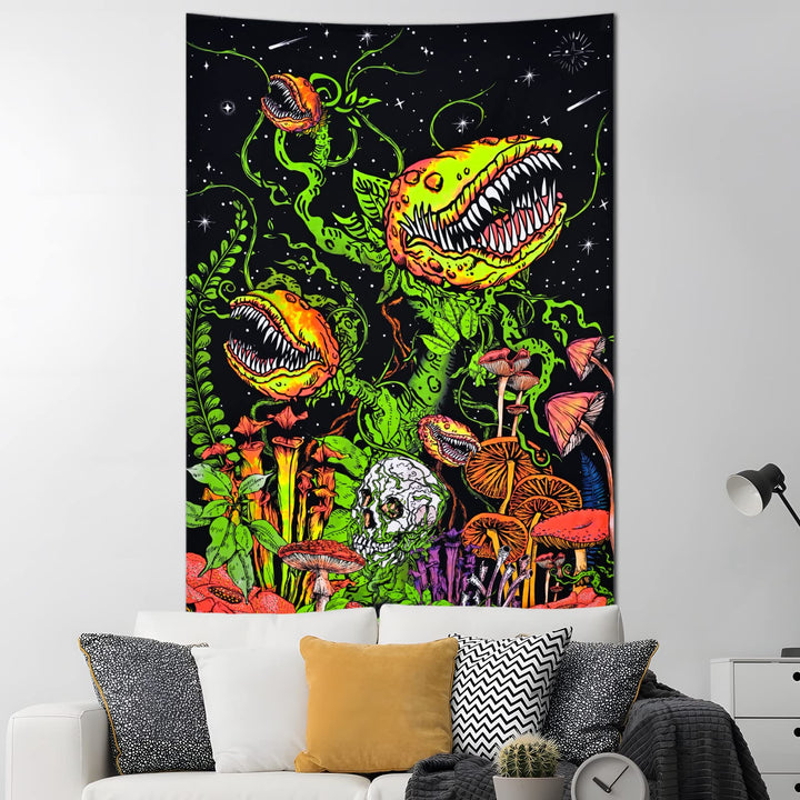 Blacklight Skull Tapestry Flowers and Vines Tapestries UV Reactive Mushroom Tapestry Black Light Posters for Living Room, Bedroom, Aesthetic Glow in The Dark(59.1 x 82.7 inches)