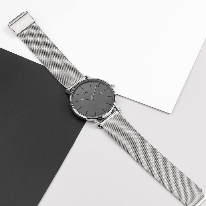 Men&#39;s Fashion Minimalist Wrist Watch Waterproof Watches Simple Ultra Thin Watches Analog Quartz Date with Stainless Steel Mesh Band (Gray Silver)