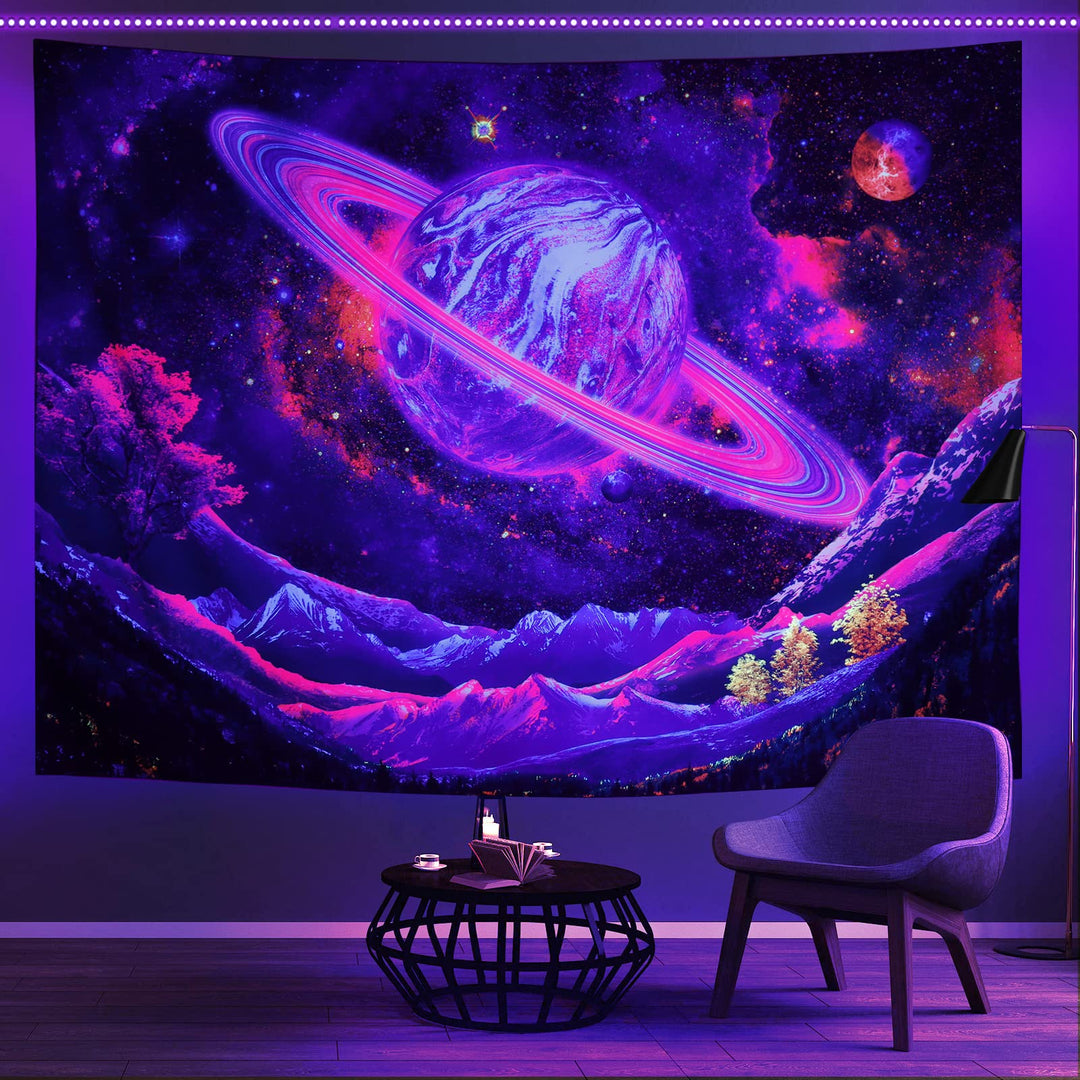Blacklight Tapestry UV Reactive Planet Tapestry Galaxy Space Tapestry Trippy Mountain Tapestry Starry Sky Tapestry Wall Hanging for Home Decor(59.1x78.7)