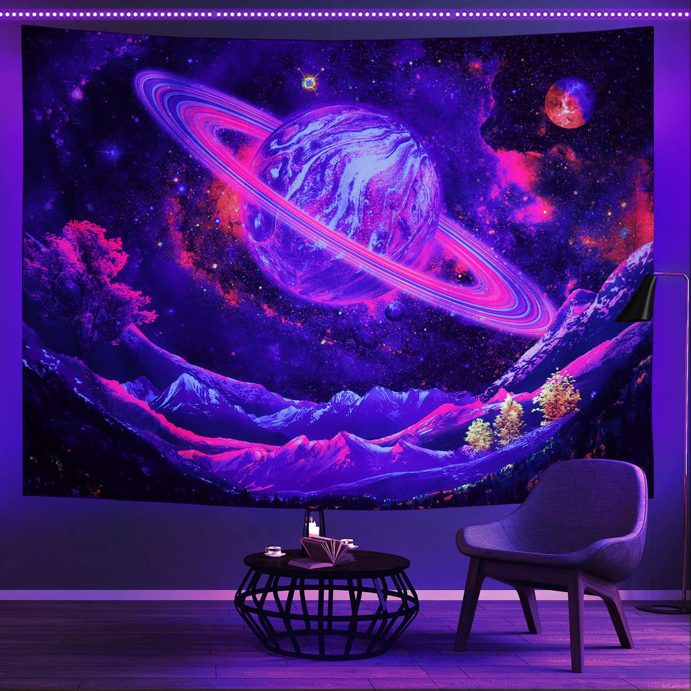 Blacklight Tapestry UV Reactive Planet Tapestry Galaxy Space Tapestry Trippy Mountain Tapestry Starry Sky Tapestry Wall Hanging for Home Decor(51.2x59.1)