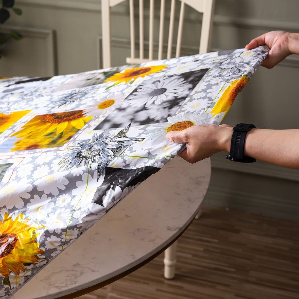 Round Vinyl Fitted Tablecloth with Flannel Backing Elastic Edge Design Table Cover Waterproof Oil-Proof PVC Table Cloth Stain-Resistant Wipeable for Round Table