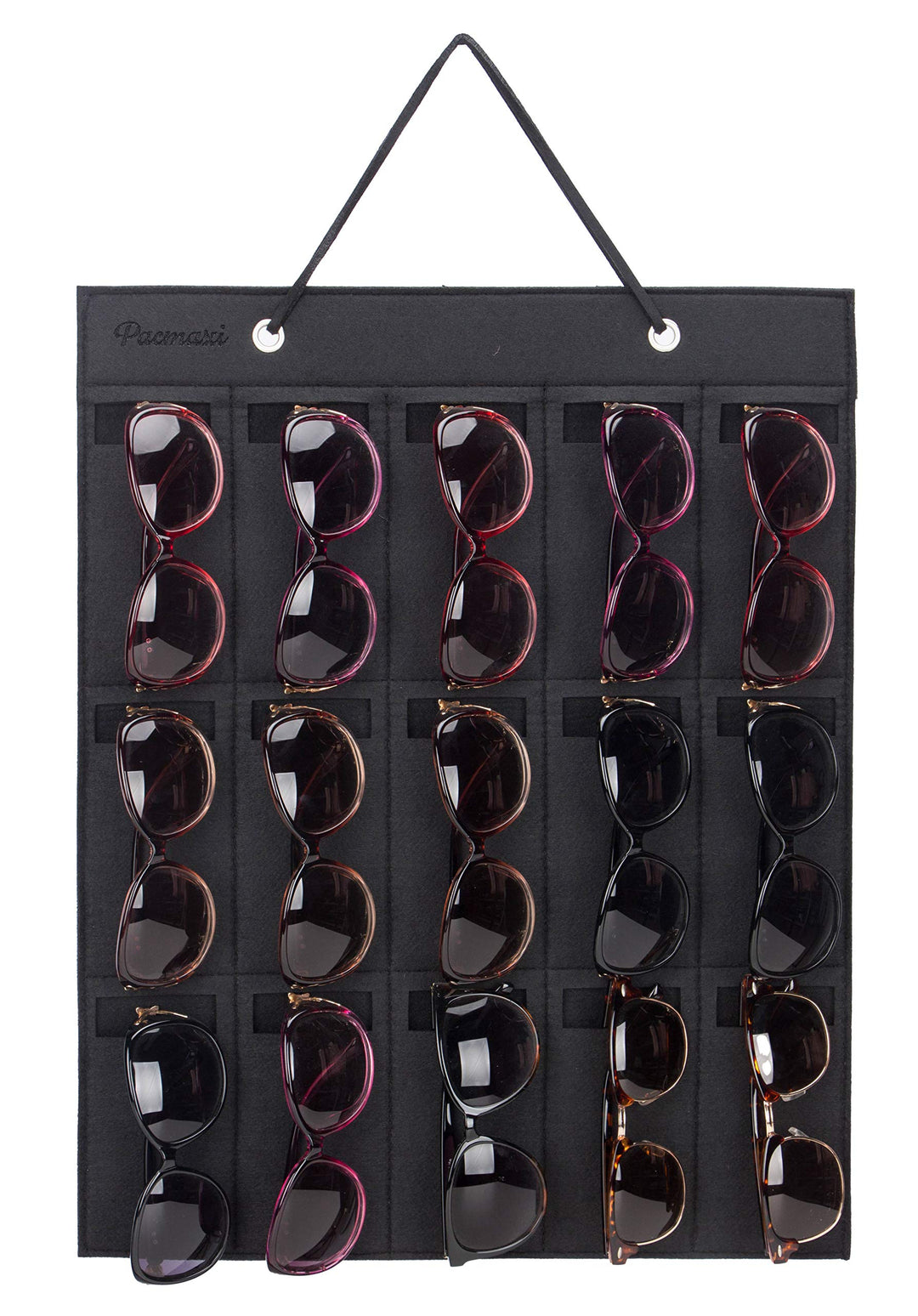 PACMAXI Sunglasses Storage Organizer, Wall Pocket Mounted by Sunglasses, Hanging Eyeglasses Storage Holder, Eyewear Display. (brown + black, 15 Slot)