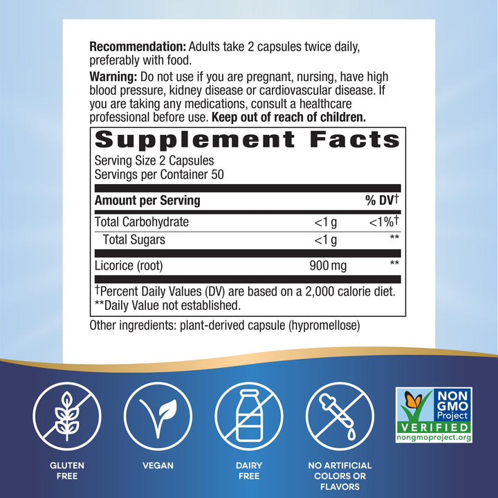 Nature&#39;s Way Licorice Root, Traditional Digestive Support Supplement*, 900 mg per 2-Capsule Serving, Non-GMO Project Verified, 100 Vegan Capsules (Packaging May Vary)