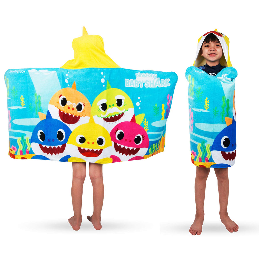 Kids Bath and Beach Soft Cotton Terry Hooded Towel Wrap, 24 x 50, Baby Shark