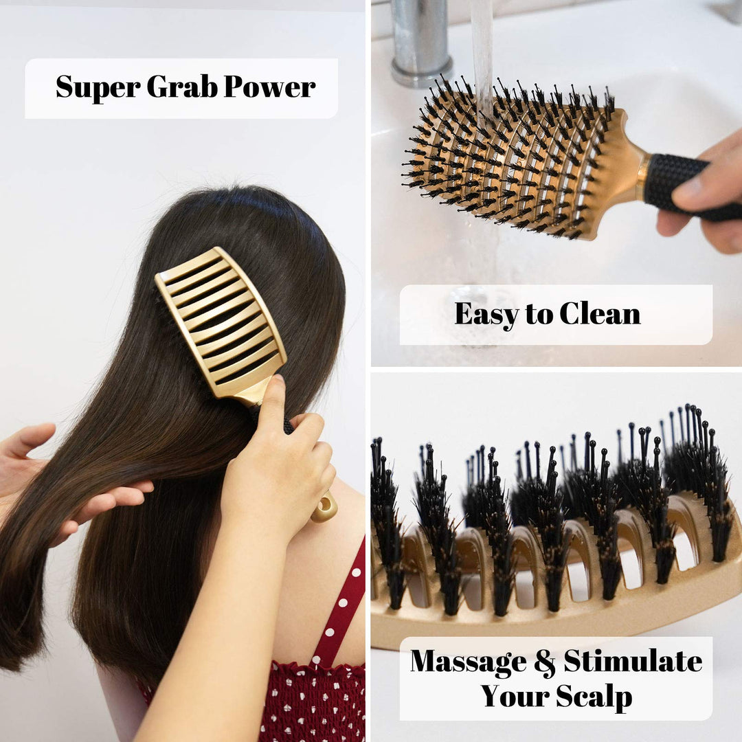 Boar Hair Brushes 2 Pack, Suitable for Men, Women &amp; Kids’ Long Curly Wet or Dry Hair, Hairbrush for Thick Hair Can Adds Shine and Makes Hair Smooth