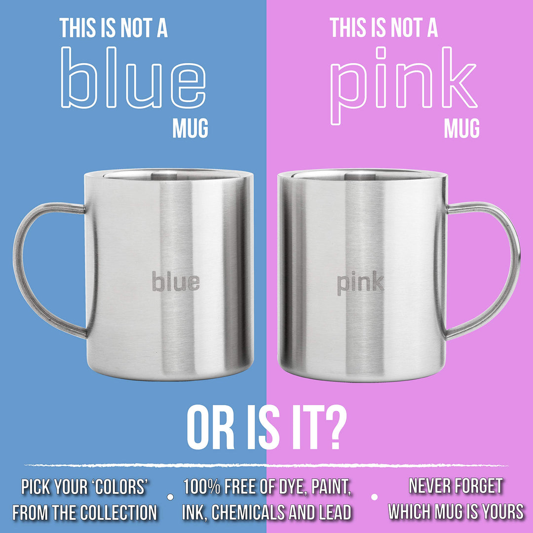 Stainless Steel Coffee Mugs - Premium Wider Handle &#39;BLUE&#39; &amp; &#39;PINK&#39; Laser Engraved Coffee Cups - Perfect for the Home Camping RV 13.5 oz Shatterproof Dishwasher Safe (Set of 2)