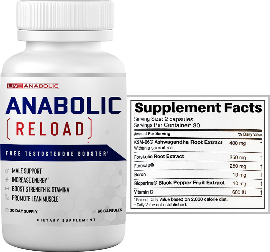 LiveAnabolic - Anabolic Reload - Vitamin D Source - 60 Capsules, 30-Day Supply - Helps Improve Energy Levels, Strength, and Stamina - Supports Lean Muscle Development - with Ashwagandha and Forskolin