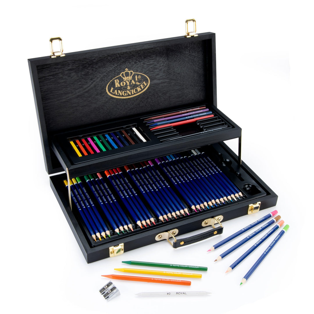 Royal &amp; Langnickel Essentials 52pc Two-Tier Black Series Sketching Wooden Box Artist Set