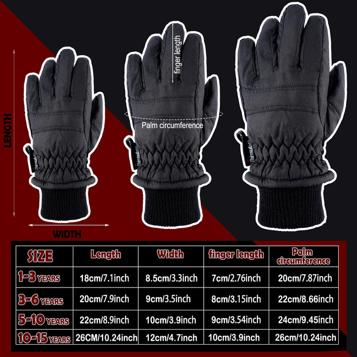 2 Pairs Kids Winter Ski Gloves Waterproof Warm Snow Mittens Full Finger Gloves for Toddlers Infants (Black, Rose Red, 1-3 Years)