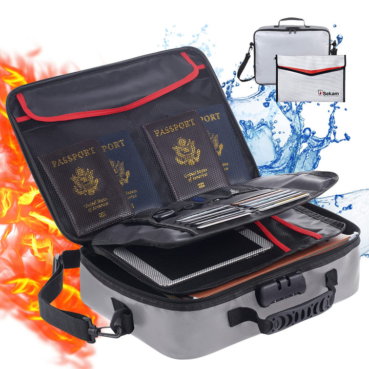 Fireproof Document Bag with Lock &amp; Fireproof Money Bag for Cash Set, Fireproof Document Safe Organizer for Travel, Fireproof File Storage Bag with Lock, Multi-Layer Portable File Organizer Gray
