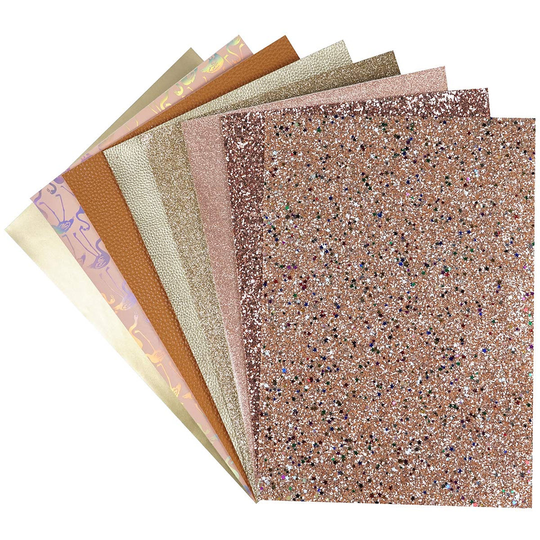 8 Pieces 8x12 Inch Faux Leather Sheets Champagne Gold Fine Chunky Glitter Patent Metallic Litchi Flamingo Pattern Leather Fabric for Bows Earrings Making