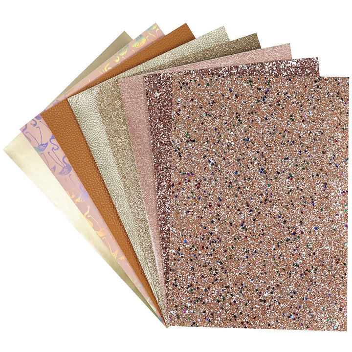 8 Pieces 8x12 Inch Faux Leather Sheets Champagne Gold Fine Chunky Glitter Patent Metallic Litchi Flamingo Pattern Leather Fabric for Bows Earrings Making