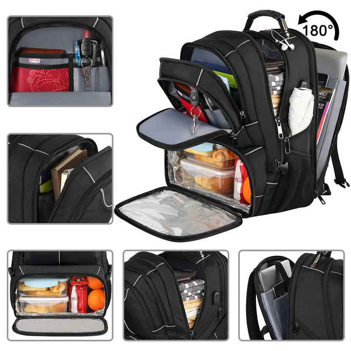 Lunch Bag Backpack, Insulated Cooler Lunch Box Backpack, Extra Large Travel Laptop Backpack TSA Friendly RFID Computer College bag with USB Port for Women Men Fits 17.3 Inch Laptop