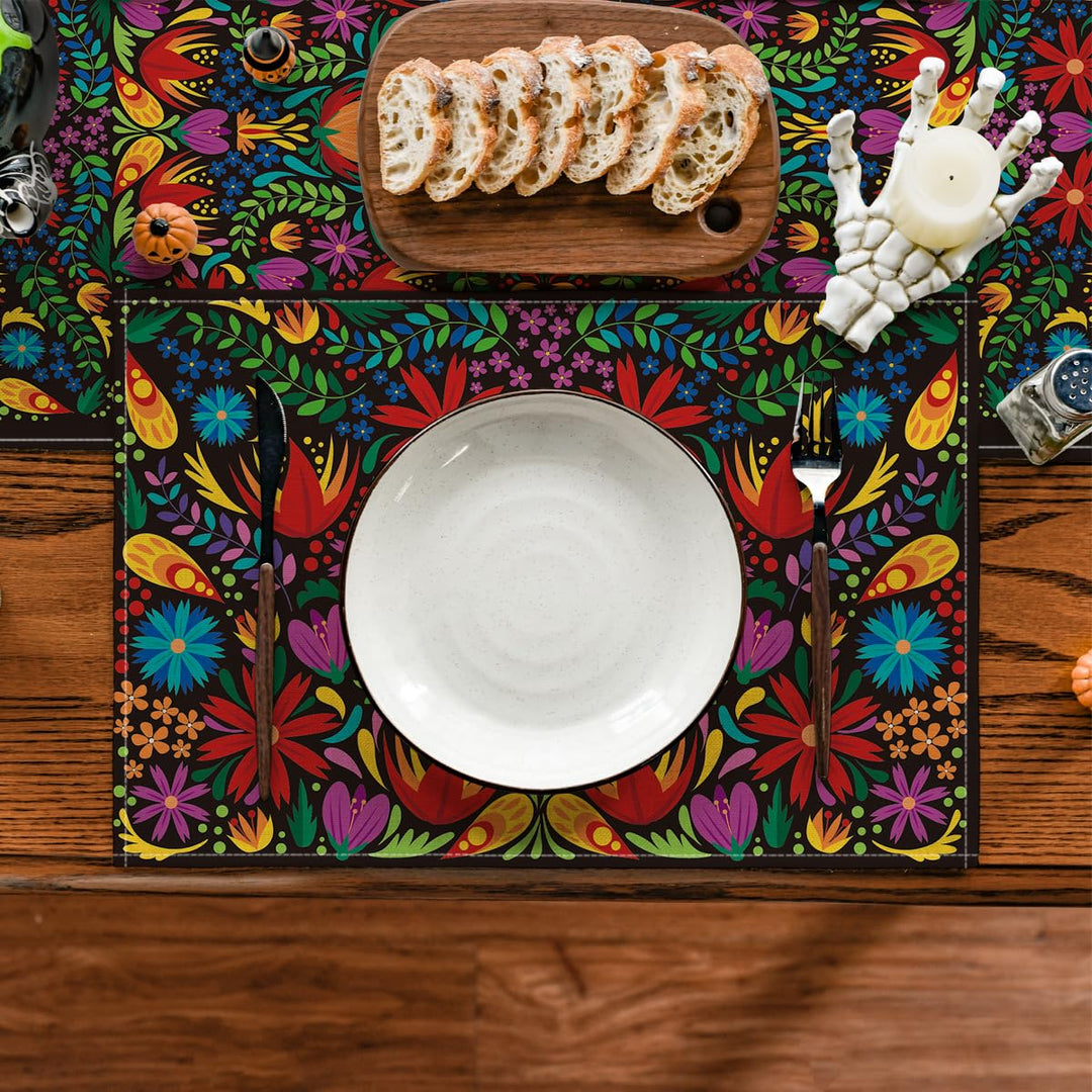 Mexican Cinco De Mayo Placemats for Dining Table, 12 x 18 Inch Floral Fiesta Dia De Los Muertos Decoration Washable Table Mats Set of 4
