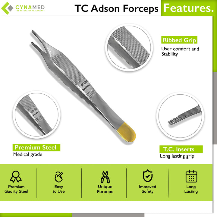 T/C Adson Plastic Surgery Forceps 4.75 Straight Fine Point with Tungsten Carbide Inserts Surgical Veterinary Instruments with Gold Handle (9X9 Teeth, Adson Brown Forceps, TC)