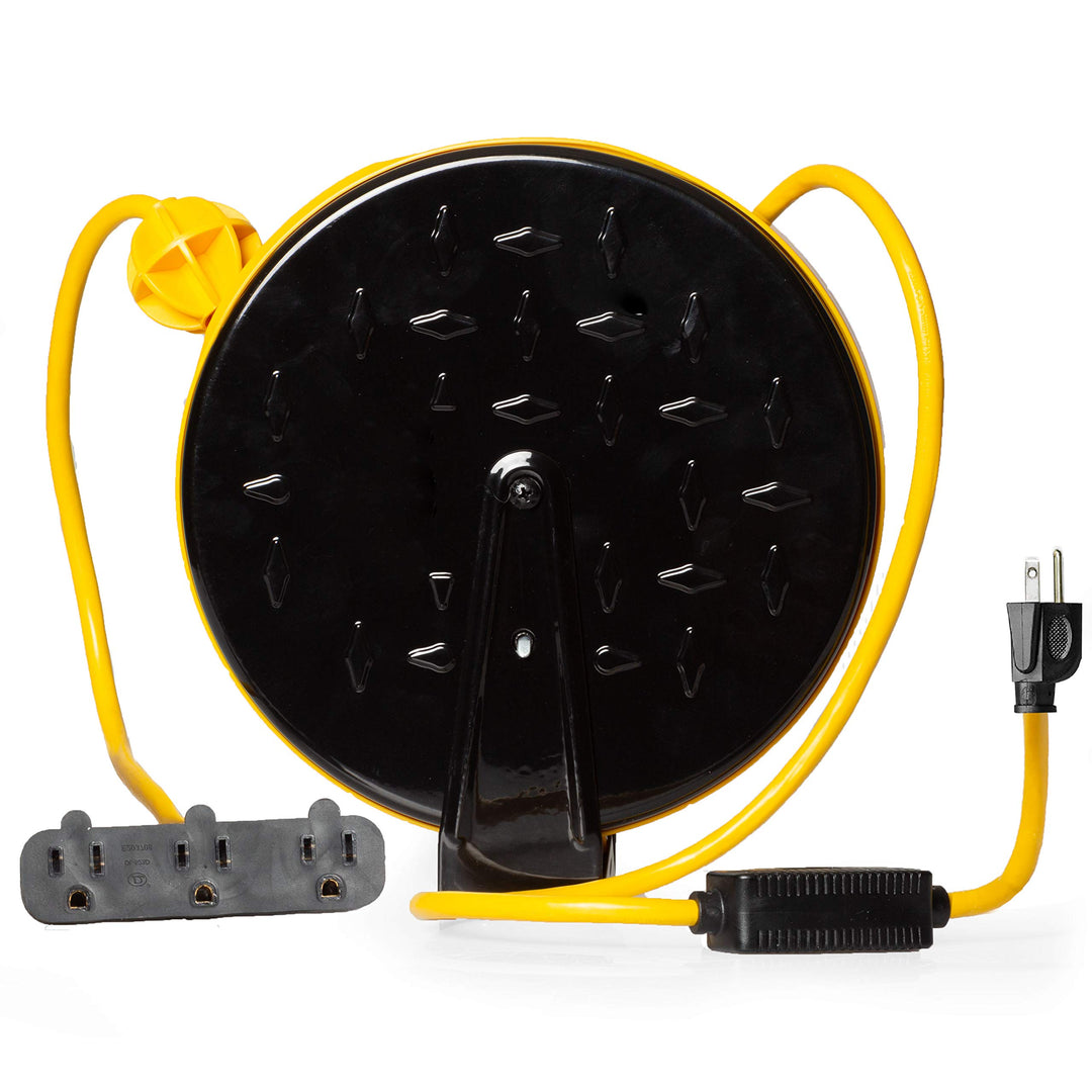 30Ft Retractable Extension Cord Reel with Breaker Switch &amp; 3 Electrical Power Outlets - 16/3 SJTW Durable Yellow Cable - Perfect for Hanging from Your Garage Ceiling
