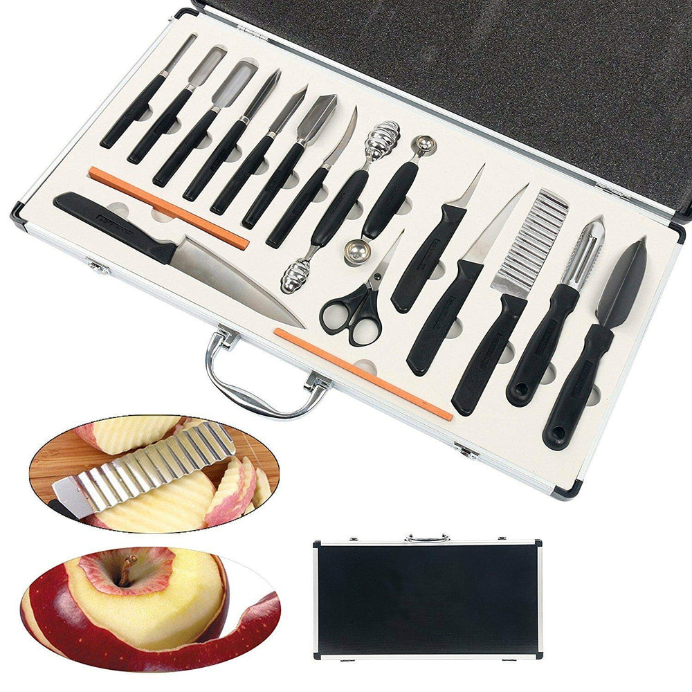 18PCS Portable Vegetable Fruit Food Cake Carving Knife Peeling Culinary Kitchen Sculpting Modeling Tools Kit for Chef DIY with Carry Box