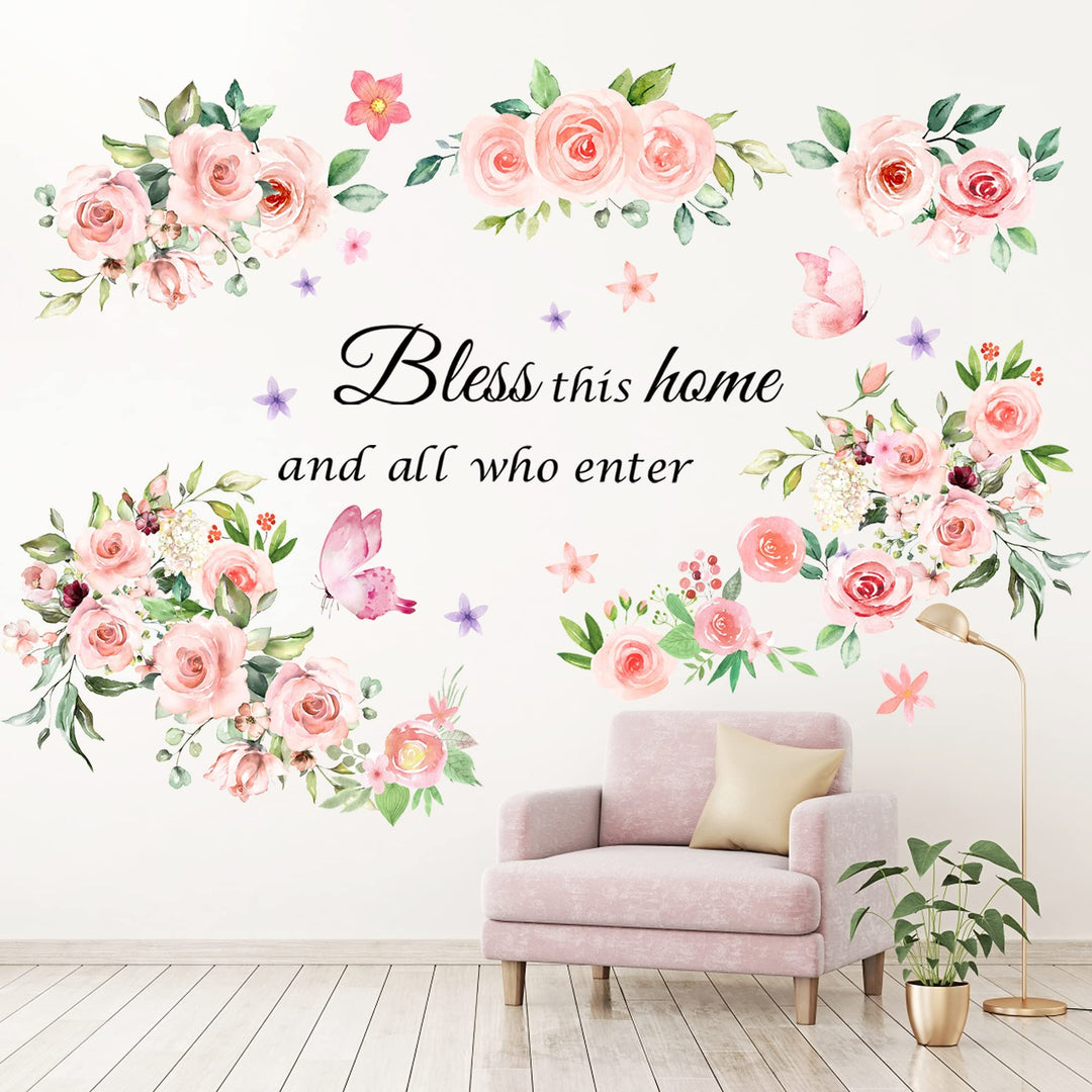 Floral Wall Decals Stickers Bless This Home and All Who Enter Decor Quotes Saying Wall Stickers Rose Peony Pink Flower Wall Decals Blossom Butterfly Decal for Girls Woman Bedroom Living Room Home