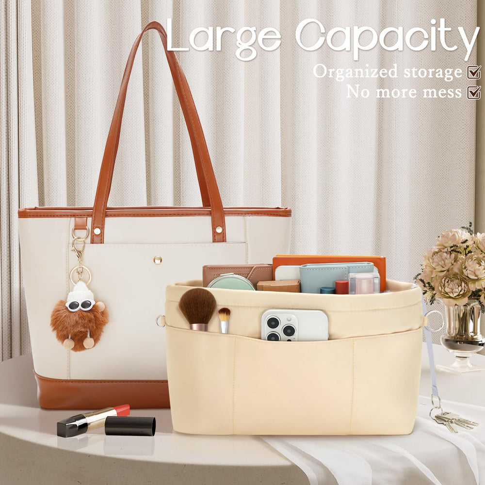 Purse Organizer Insert with Zipped Top for Tote Bag, Handbag Shaper with 13 Pockets, Beige S