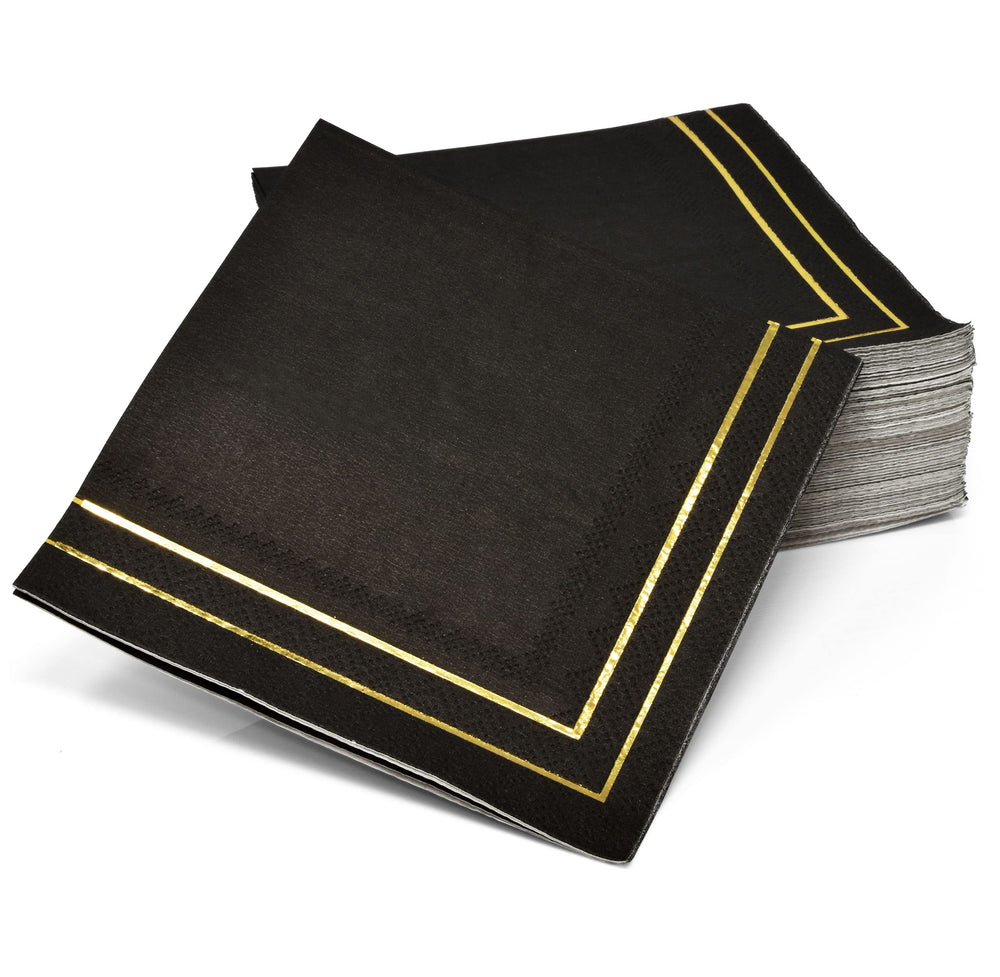 100 Gold and Black Cocktail Beverage Napkins 3 Ply Metallic Gold Foil Trim Stripe Disposable Paper Dessert Napkin for Wedding Holiday Baby Shower Graduation Party Supplies Decorations