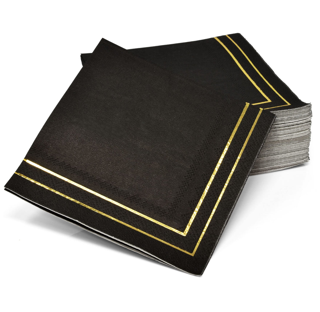 100 Gold and Black Cocktail Beverage Napkins 3 Ply Metallic Gold Foil Trim Stripe Disposable Paper Dessert Napkin for Wedding Holiday Baby Shower Graduation Party Supplies Decorations