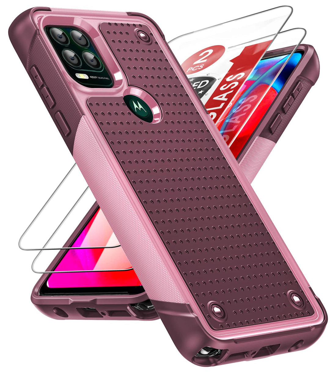 for Moto-G-Stylus-5G-2021-Case: Moto G Stylus 5G Case with Screen Protectors, Dual Layer Protective Hard PC Back &amp; Soft Bumper Resilient Shock Absorb Motorola G Stylus 5G 2021 Case, Red Pink
