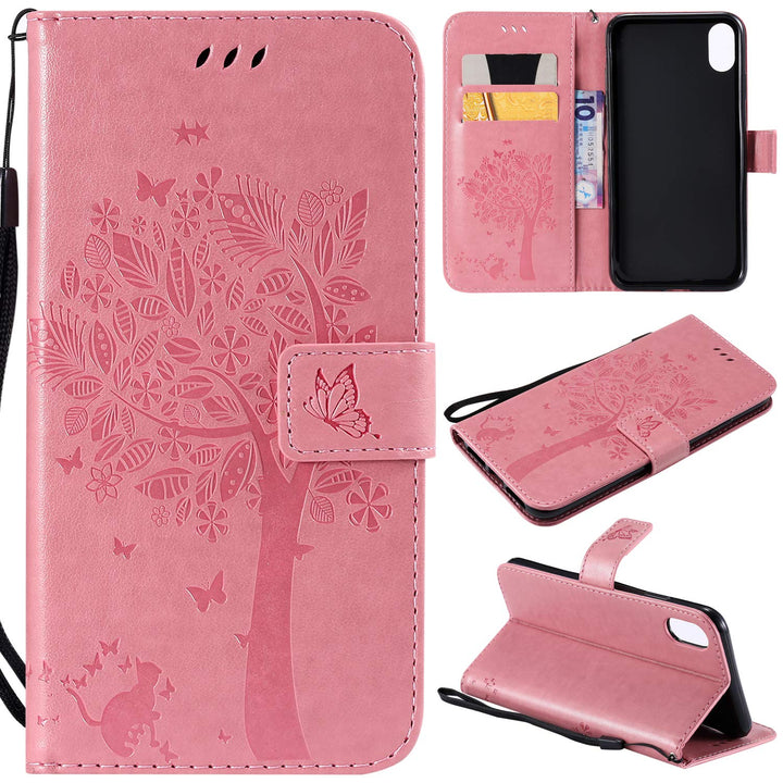 NOMO for iPhone XR Case,for iPhone XR Wallet Case,for iPhone XR Flip Case PU Leather Emboss Tree Cat Flowers Folio Magnetic Kickstand Cover with Card Slots for iPhone XR (6.1 inch) Release, Pink