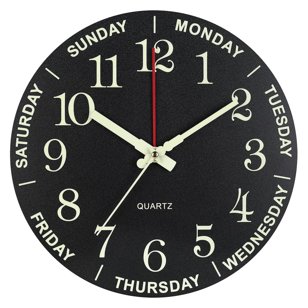 Luminous Wall Clock, 12'Wooden Silent Non-Ticking Glow in The Dark Clock, with Luminous Function Numbers and Hands, Battery Powered Day Week Wall Clock for Bedroom, Living Room, Kitchen