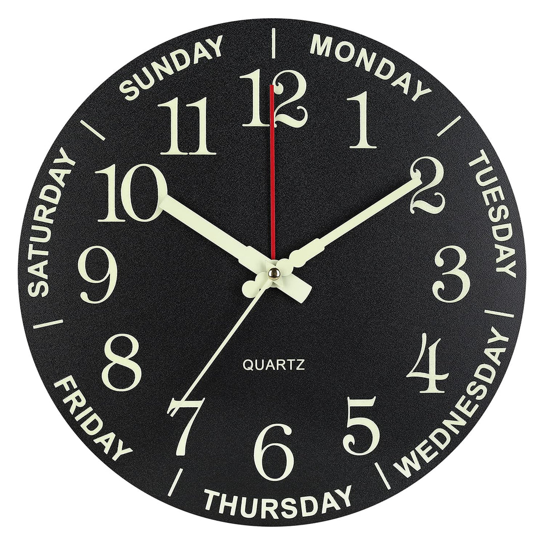 Luminous Wall Clock, 12&#39;Wooden Silent Non-Ticking Glow in The Dark Clock, with Luminous Function Numbers and Hands, Battery Powered Day Week Wall Clock for Bedroom, Living Room, Kitchen