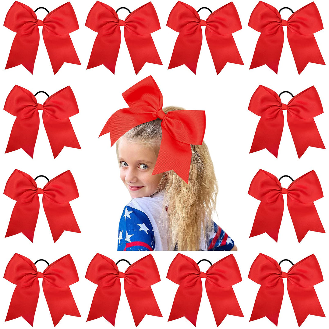 12 Pcs Large Cheer Bows 8 Bulk Hair Bow Accessories with Ponytail Holder for Girls High School College Cheerleading