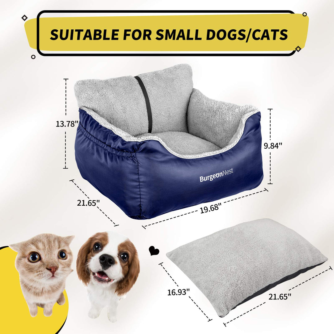 Dog Car Seat for Small Dogs, Fully Detachable and Washable Cat Carseats Under 25 lbs, Soft Pet Booster Seats with Storage Pockets and Clip-On Leash Portable Car Travel Carrier Bed, Blue
