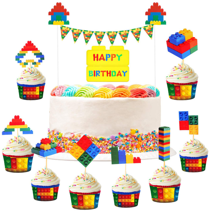 34 Pieces Building Block Themed Happy Birthday Cake Toppers Cupcake Building Block Cake Banners Building Block Birthday Decorations for Birthday Party Supplies